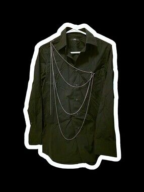 Japanese Visual-Kei Inpired DIY Black Button-Up Shirt with Silver Chain Accents